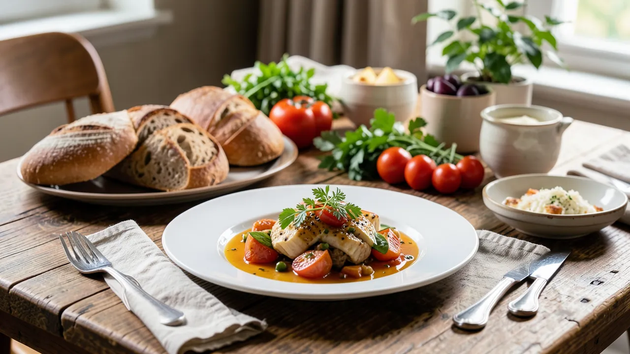 Table en bois rustique avec assiettes de cuisine française, pain artisanal, légumes de saison, serviettes en lin et vaisselle en céramique, éclairage naturel et faible profondeur de champ.